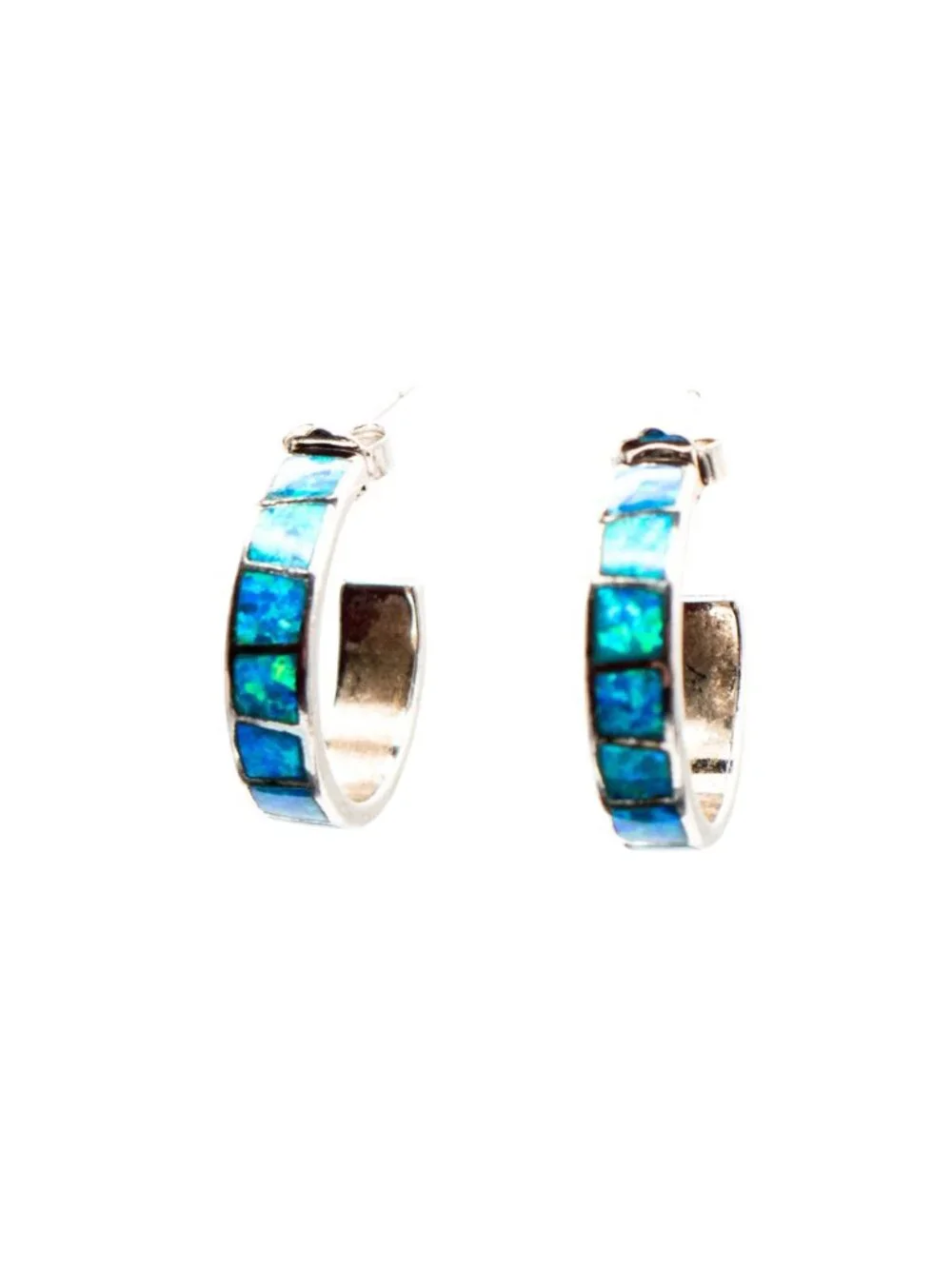 Sterling Silver Blue Opal Inlay Hoop Earrings Huggie Hoops October Birthstone